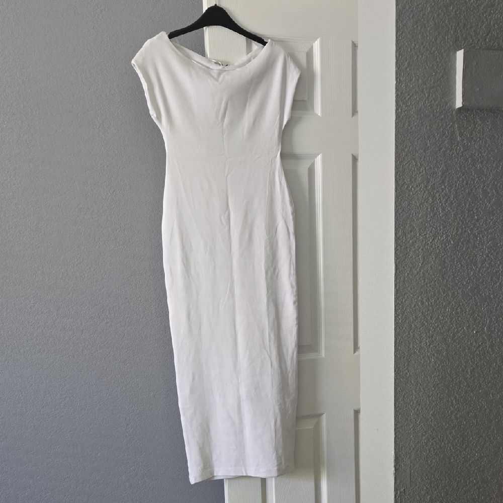 Zara White Sheath Midi Dress with Cap Dolman Sleeves